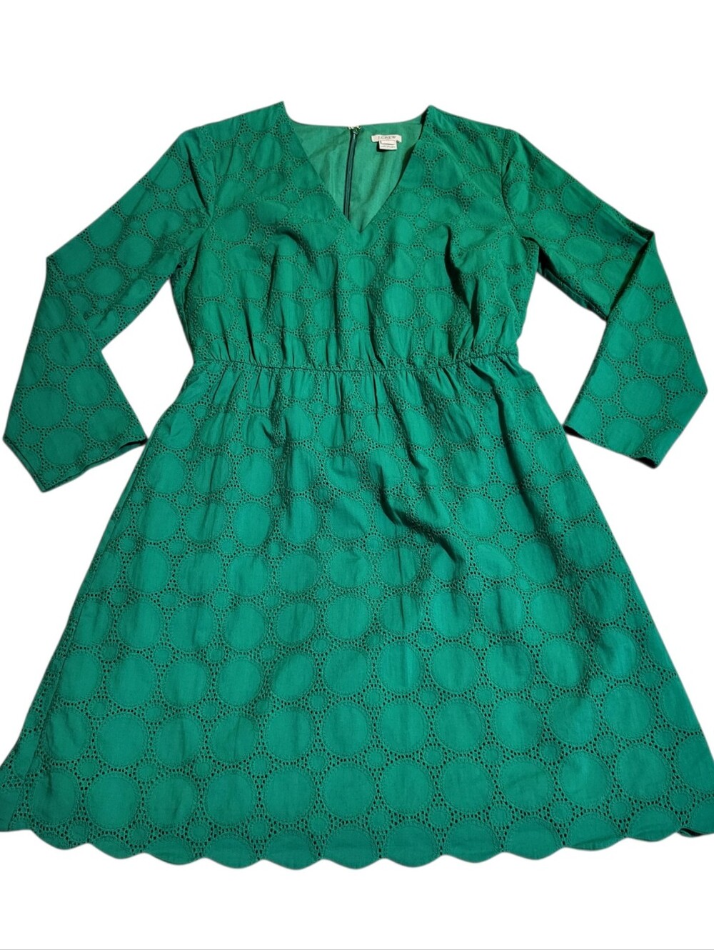 J Crew Eyelet Lace Dress Size 4 Jade Green V-Neck 100% Cotton Lined Romantic